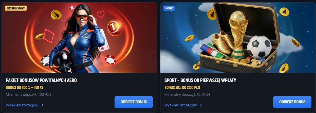 Aerobet Casino promocje z pakietem powitalnym do 600% + 450 darmowych spinów i bonusem sportowym 20% do 2100 PLN