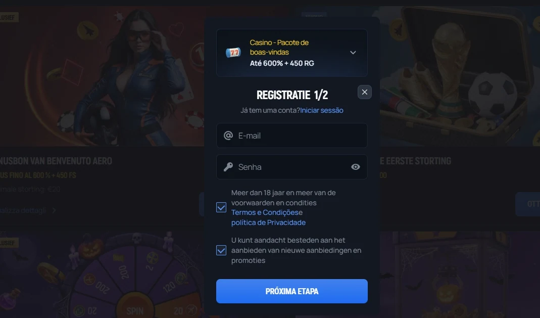 Aerobet Casino formulário de registo passo 1 com pacote de boas-vindas até 600% + 450 rodadas grátis
