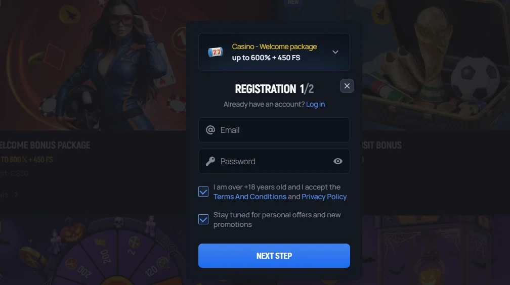 Aerobet Casino registration form step 1 with welcome package up to 600% + 450 free spins