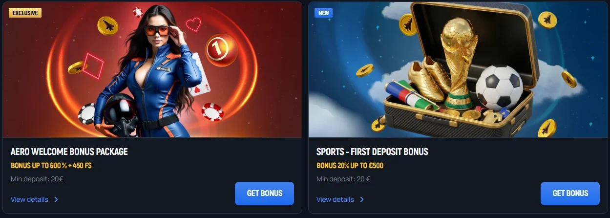 Aerobet Casino welcome bonus package up to 600% + 450 FS