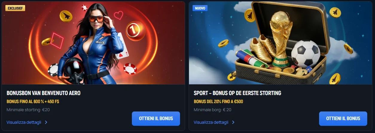 Aerobet Casino promoties met welkomstpakket tot 600% + 450 gratis spins en sportbonus van 20% tot €500