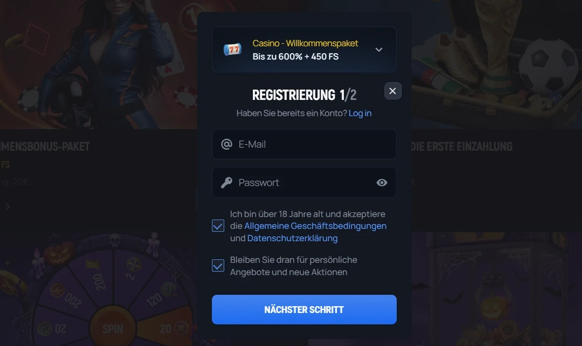 Aerobet Casino Registrierungsformular Schritt 1 mit Willkommenspaket bis zu 600% + 450 FS