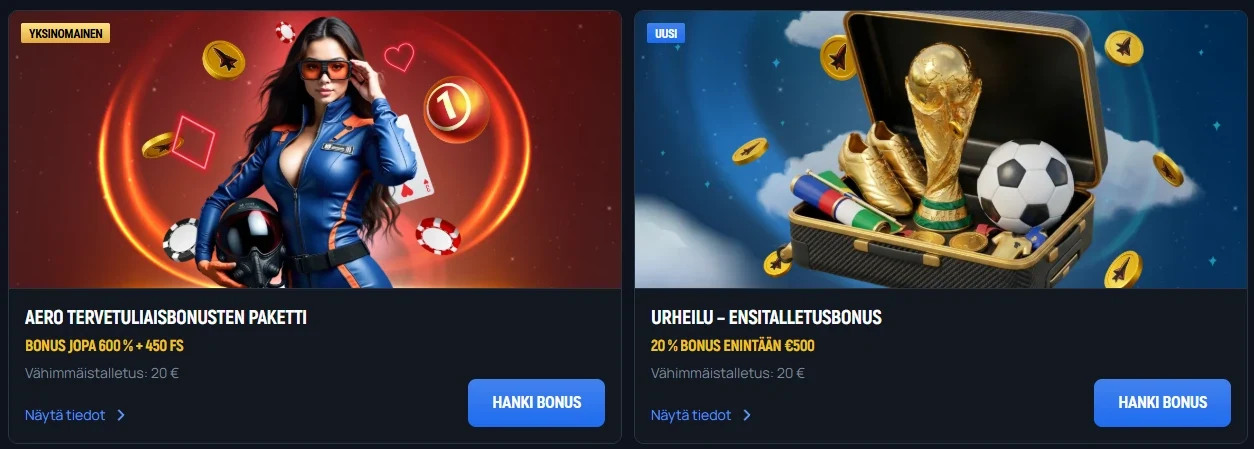 Aerobet Casinon kampanjat, tervetuliaisbonuspaketti jopa 600 % + 450 ilmaiskierrosta ja urheilun ensitalletusbonus 20 % enintään 500 €