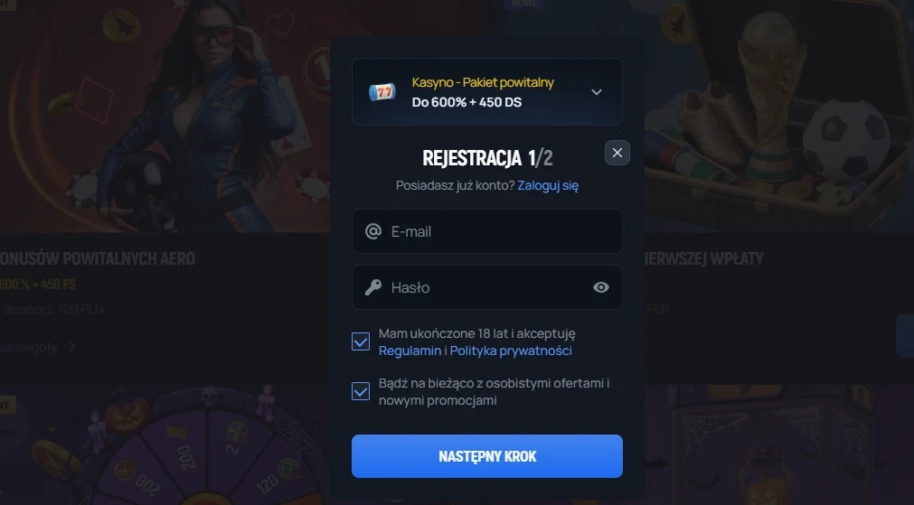 Aerobet Casino formularz rejestracji krok 1 z pakietem powitalnym do 600% + 450 darmowych spinów