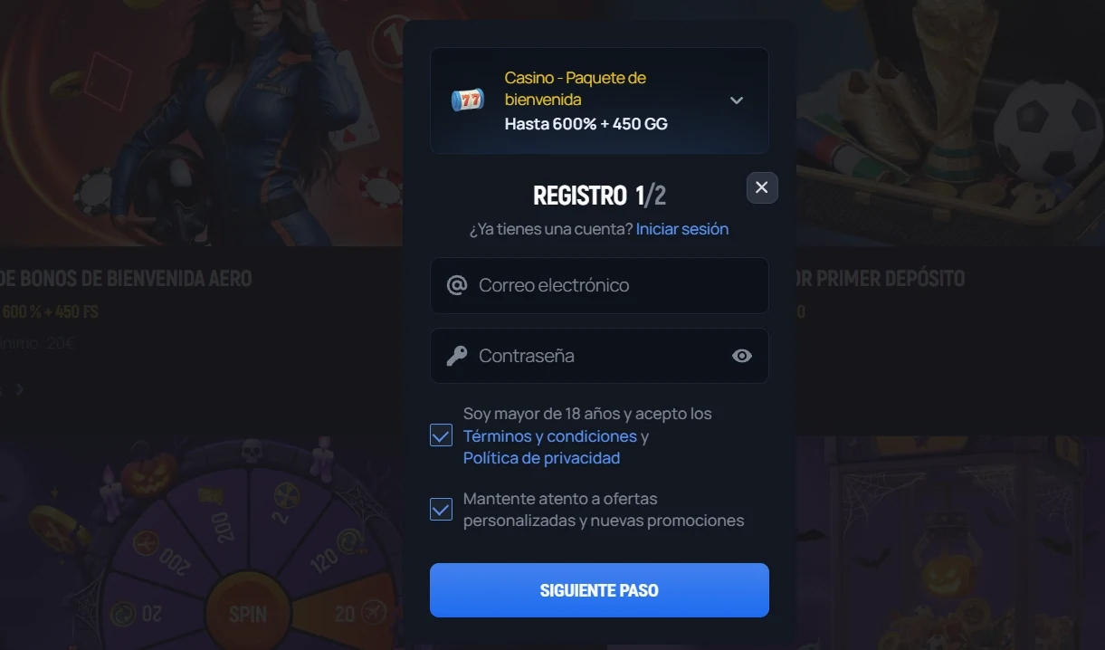 Aerobet Casino formulario de registro paso 1 con paquete de bienvenida hasta 600% + 450 giros gratis