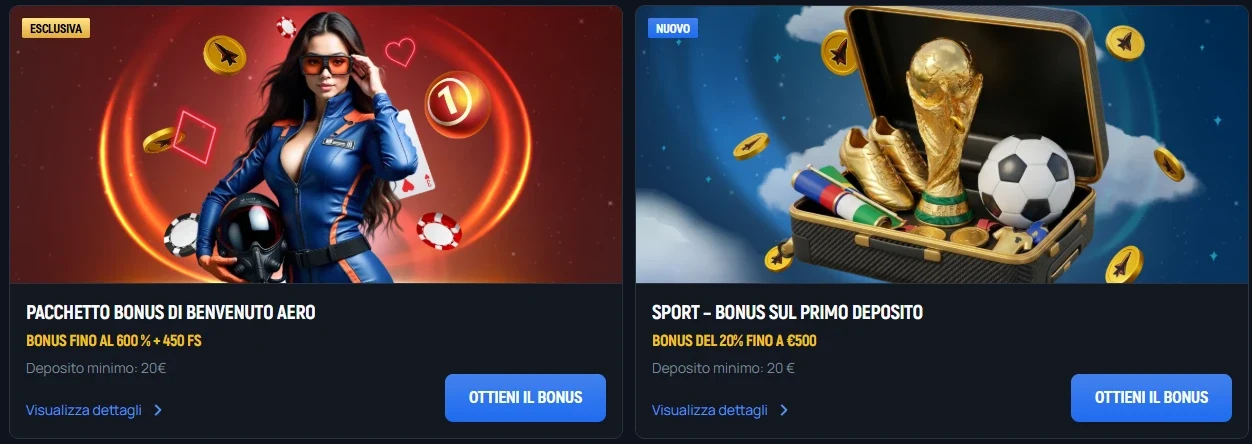 Aerobet Casino promozioni con pacchetto di benvenuto fino al 600% + 450 giri gratis e bonus sport del 20% fino a 500 €