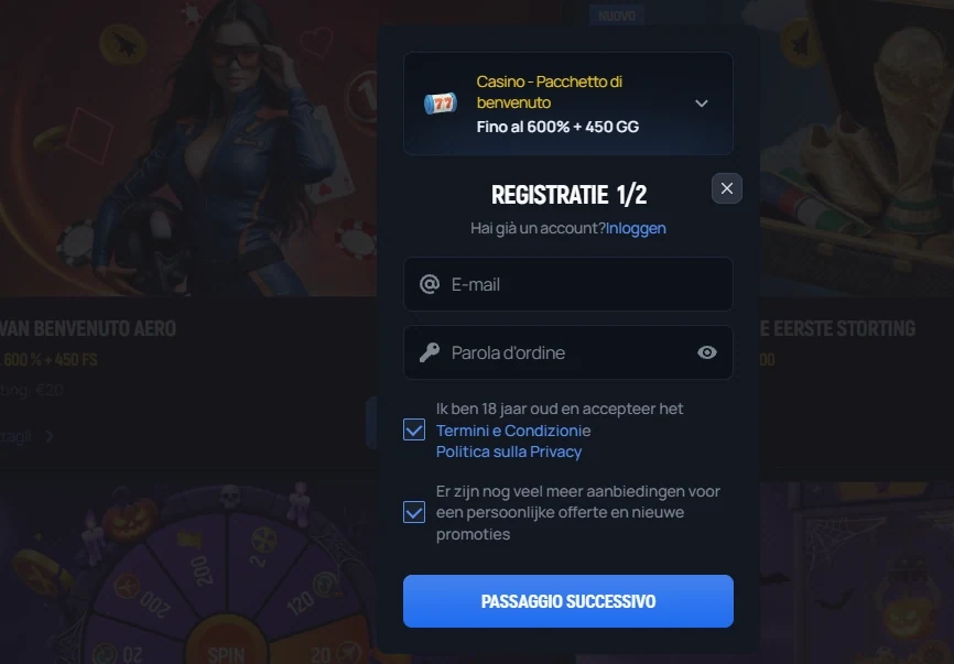 Aerobet Casino registratieformulier stap 1 met welkomstpakket tot 600% + 450 gratis spins