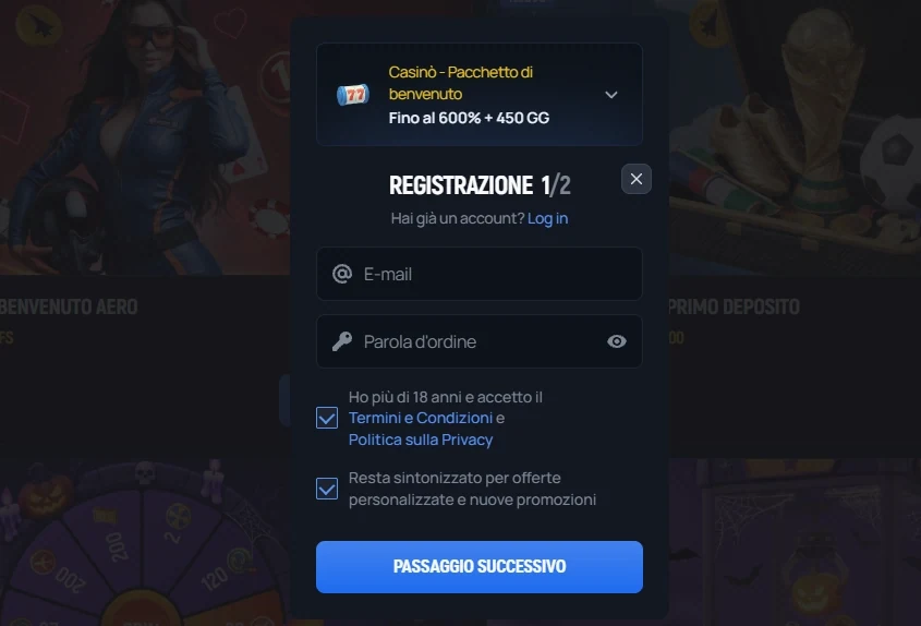 Aerobet Casino modulo di registrazione passo 1 con pacchetto di benvenuto fino al 600% + 450 giri gratis